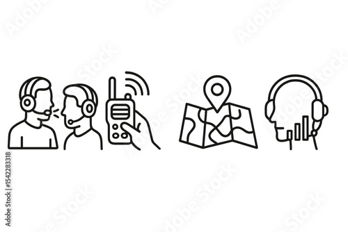 Esports Training Icons. Line style icons of esports training: voice communication training, radio check icon, callout map,