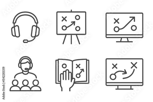 Esports Training Icons. Line style icons of esports training: gaming headset, strategy map board, keyboard hand position, gaming