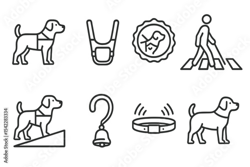 Guide Dog Navigation Icons. Line style icons of urban navigation for visually impaired: city guide dog, dog harness icon, dog