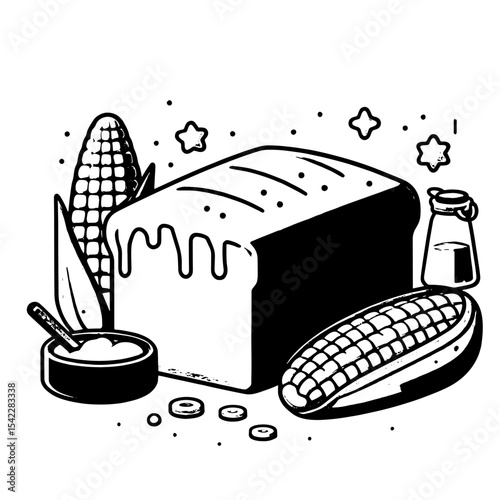 A black and white cartoon image featuring cornbread corn on the cob butter dish and syrup jar