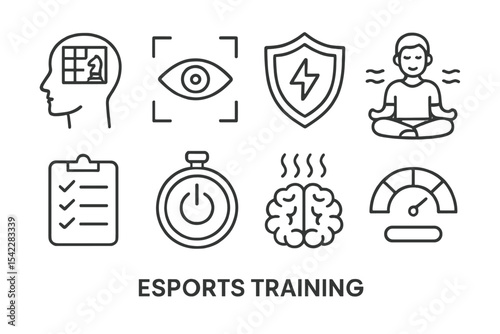 Esports Training Elements. Line style icons of esports training: mental training board, focus icon, tilt prevention shield,