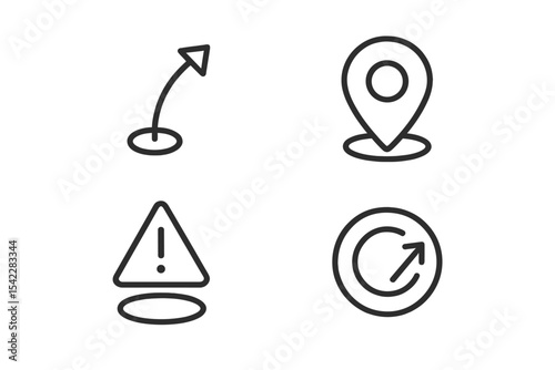 Esports Training Icons. Line style icons of esports training: in-game ping system, location marker icon, danger alert symbol,