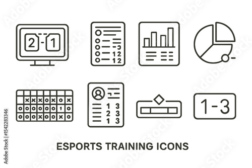 Esports Training Icons. Line style icons of esports training: digital scoreboard, in-game stat tracker, team KDA chart, objective