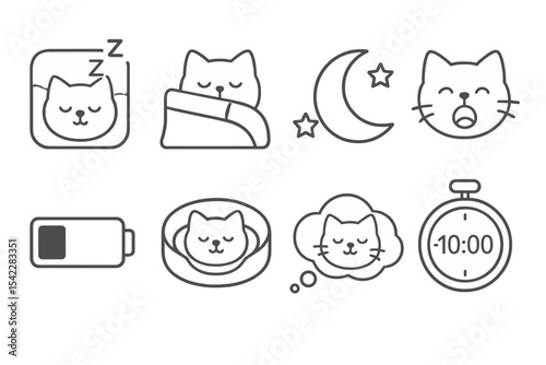 Virtual Pet Care Icons. Line style icons of virtual pet care: sleep mode icon, bedtime blanket, starry night background, yawn