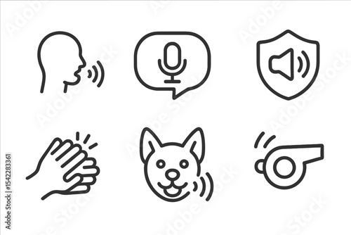 Virtual Pet Icons. Line style icons of virtual pet care: voice command icon, microphone bubble, sound recognition badge, talking