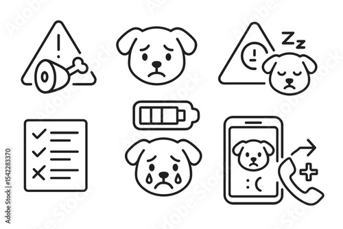 Virtual Pet Alerts. Line style icons of virtual pet care: hunger warning icon, sad face symbol, low energy meter, neglect alert.