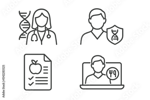 DNA Nutrition Icons. Line style icons of DNA-based nutrition: nutritionist with DNA chart, genetic counselor icon, diet
