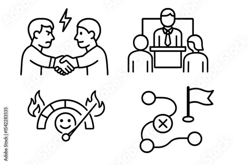 Business Psychology Icons. Line style icons of psychology in business: conflict resolution icon, mediation board, tension gauge,