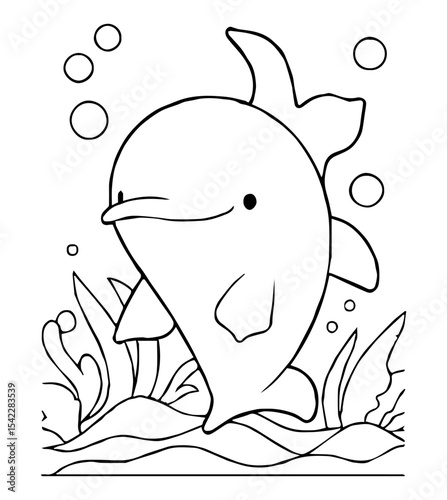 A black and white drawing of a dolphin surrounded by bubbles and aquatic plants