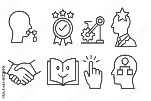Psychology Business Icons. Line style icons of psychology in business: persuasion techniques icon, social proof badge, scarcity