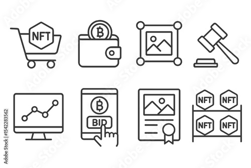 NFT Marketplace Icons. Line style icons of NFT and token marketplaces: NFT shopping cart, crypto wallet icon, blockchain art