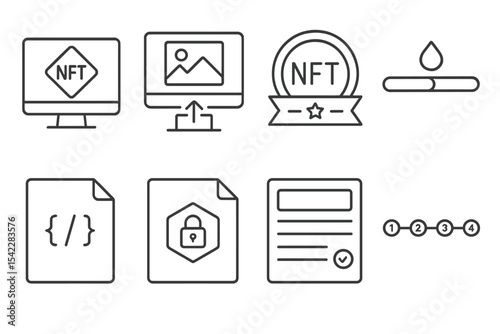 NFT Marketplace Icons. Line style icons of NFT and token marketplaces: NFT minting icon, upload artwork screen, mint token badge,