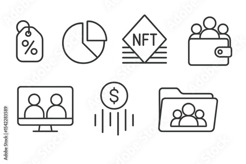 Line Style NFT Icons. Line style icons of NFT and token marketplaces: fractional ownership token, shared asset pie chart, NFT