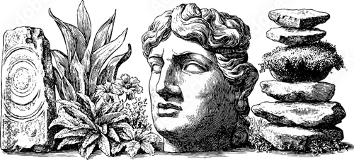 Classical marble figurine and chipped altar with botanical elements for artistic design