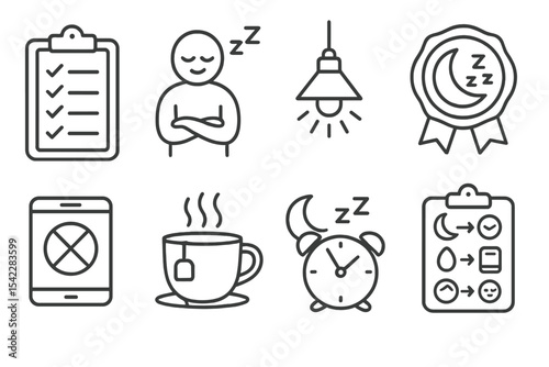 Sleep Routine Icons. Line style icons of sleep and health: bedtime routine checklist, wind down icon, dim lights symbol,