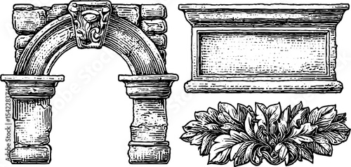 Set of masonry corner join and hinge mount panels with decorative elements
