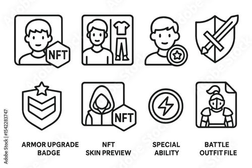 Blockchain Gaming Icons. Line style icons of blockchain gaming (GameFi): avatar profile NFT, skin customization screen, character