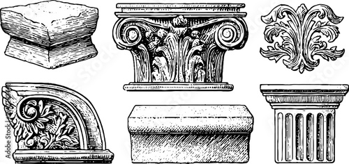 Architectural elements collection featuring masonry corner join and decorative hinge mount panels