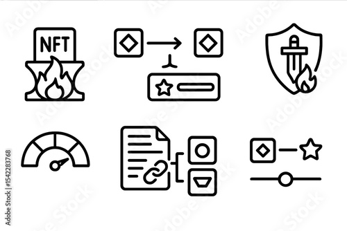 Blockchain Gaming Icons. Line style icons of blockchain gaming (GameFi): NFT burning forge, item fusion chart, merge success bar,