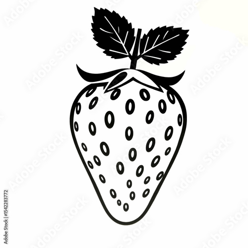 A black and white graphic of a strawberry with leaves