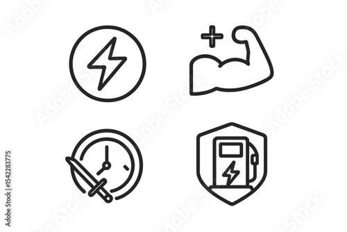Blockchain Gaming Icons. Line style icons of blockchain gaming (GameFi): energy refill token, stamina boost icon, gameplay
