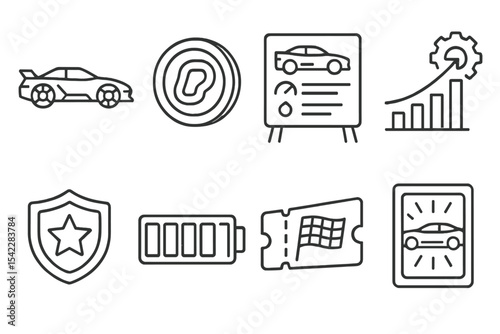 Blockchain Game Icons. Line style icons of blockchain gaming (GameFi): vehicle NFT icon, race track token, car stats board, gear