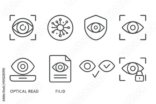 Biometrics Line Icons. Line style icons of biometrics and digital identity: iris scan icon, retina pattern chart, biometric eye