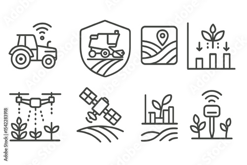Agro-Tech Icons. Line style icons of agro-industrial technologies: smart tractor icon, autonomous harvester badge, GPS field map,