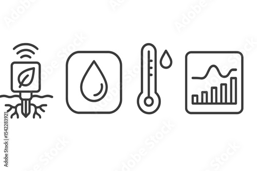 Agro-Tech Icon Set. Line style icons of agro-industrial technologies: soil sensor icon, moisture data badge, temperature probe, pH