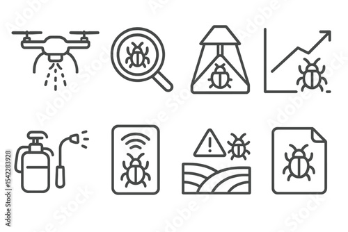 Agro-Tech Line Icons. Line style icons of agro-industrial technologies: pest control drone, insect monitoring icon, smart trap