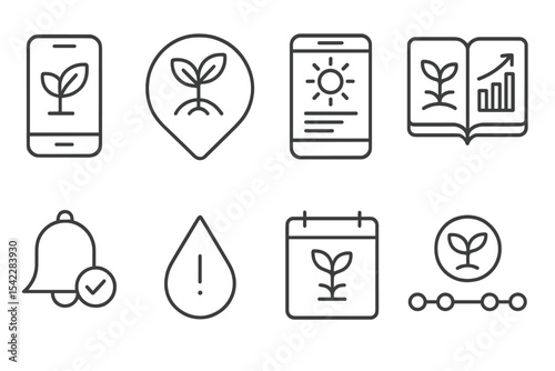 Agro-Tech Iconography. Line style icons of agro-industrial technologies: mobile agri app icon, crop reminder badge, daily tips