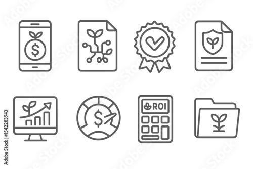 Agro-Tech Line Icons. Line style icons of agro-industrial technologies: agri-finance app icon, digital subsidy file, smart credit