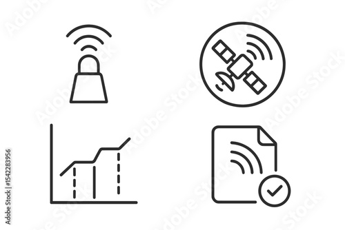 Space Technology Symbols. Line style icons of space research and satellite technologies: telemetry beacon icon, satellite ping