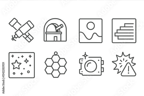 Space Iconography. Line style icons of space research and satellite technologies: telescope satellite icon, space observatory