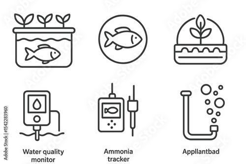 Agro-Tech Line Icons. Line style icons of agro-industrial technologies: aquaponics system icon, fish tank badge, nutrient loop