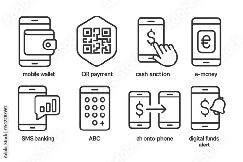 Fintech Icons Collection. Line style icons of fintech in developing countries: mobile wallet icon, QR payment badge, cashless