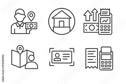 Fintech Icons in Lines. Line style icons of fintech in developing countries: agent banking icon, rural kiosk badge,