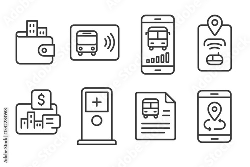 Fintech Urban Transport Icons. Line style icons of fintech in developing countries: urban transport wallet icon, bus fare scan