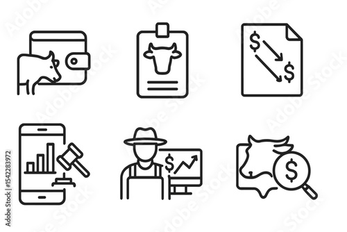Fintech Icons for Livestock. Line style icons of fintech in developing countries: livestock tracking wallet icon, animal health ID