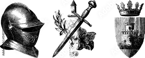 Medieval armor and weaponry design featuring helmet, sword, castle, and crest elements