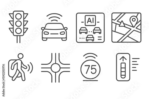 Smart City Icons. Line style icons of smart cities and urban systems: smart traffic light icon, autonomous vehicle badge, AI