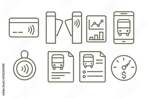 Smart City Icons. Line style icons of smart cities and urban systems: digital metro pass icon, smart fare gate badge, travel