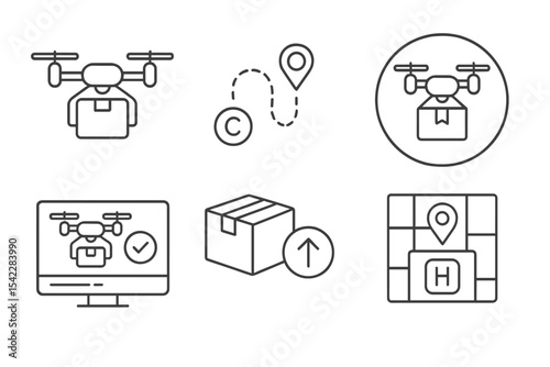 Smart City Drone Icons. Line style icons of smart cities and urban systems: urban drone delivery icon, aerial route chart, package