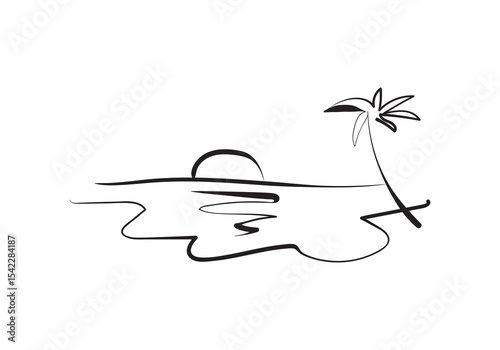 A minimalist and artistic line drawing depicts a serene tropical sunset or sunrise scene.