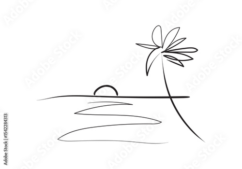 A minimalist and artistic line drawing depicts a serene tropical sunset or sunrise scene.