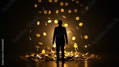 Silhouette of a person surrounded by falling coins