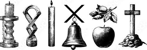 Vintage monastic symbols: candles, bell, cross, apple, lemon, and script elements