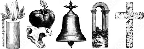 Vintage monastic symbols with candle, apple, skull, bell, and cross for historical design