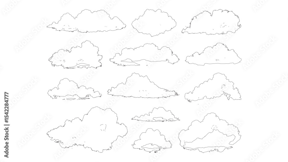 Fototapeta premium Vector Clouds in Thin Line - Black Outline Illustration