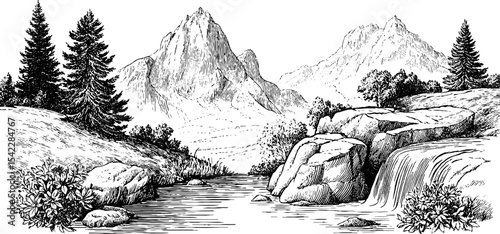 Morning fog over valley and mountain trail: serene landscape with waterfall and peaks